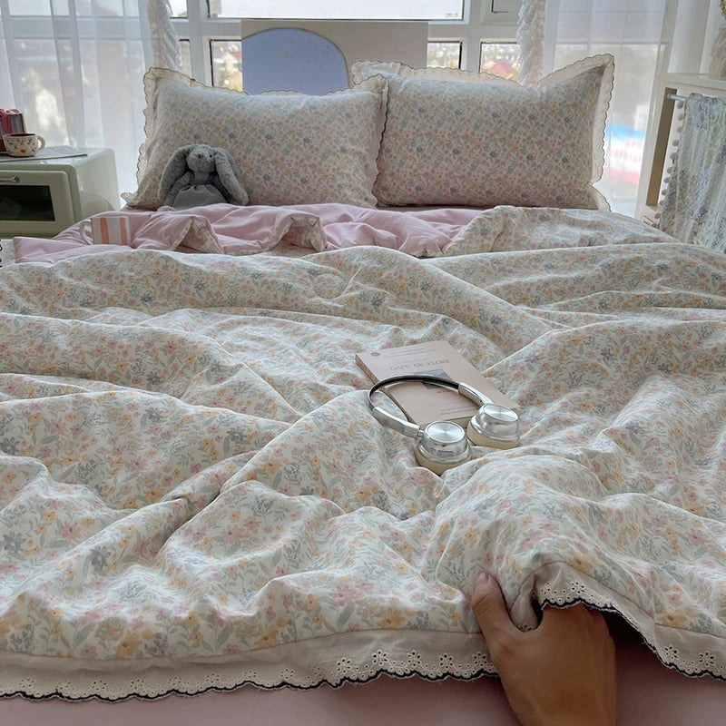 Summer Quilt Korean Style Duvet with Lace Single/Queen Size Comforter Flower Printed Quilted Blanket 여름이불 (No Pillowcase) Pi-Mart