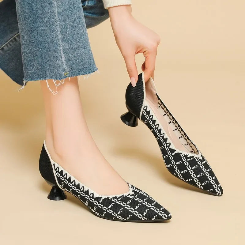 New Knitted Dress Shoes for Women Fashion Leopard Print Pointed Toe Shallow Designer Pumps Elegant Party Banquet Heels Ladies LadyShow.Store