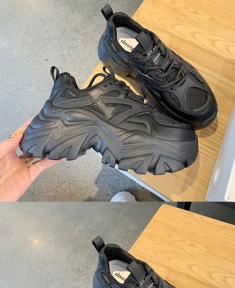 Women New Fashion Platform Sport Shoes Women 2024 New Summer Black Casual Chunky Sneakers Women Mesh Leather Platform Shoes Pi-Mart