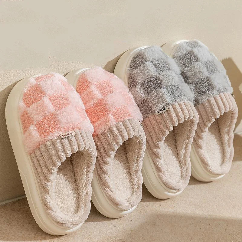 Fashion Couple Winter Slides Warm Plaid Fluffy Slippers Soft Sole Flip Flops For Women And Men Home Indoor Non-slip Cotton Shoes Pi-Mart