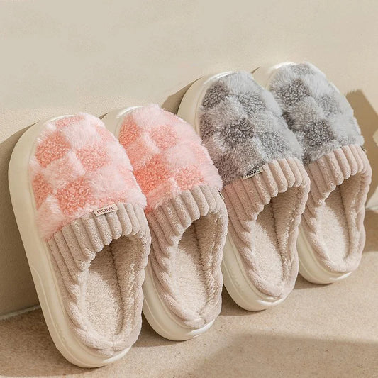 Fashion Couple Winter Slides Warm Plaid Fluffy Slippers Soft Sole Flip Flops For Women And Men Home Indoor Non-slip Cotton Shoes Pi-Mart