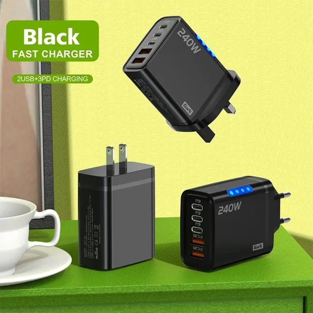 Type C USB 240W Fast Charging Charger GaN USB C Phone Charger Wall Adapter Quick Charge 3.0 With PD Cable For iPhone 17 Samsung Pi-Mart