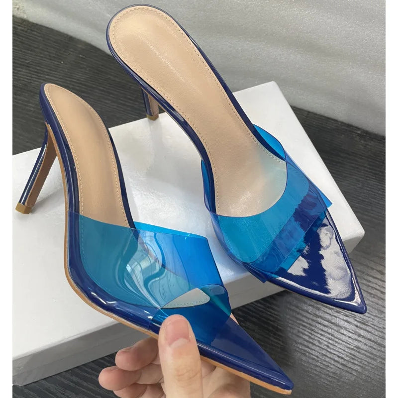 New Summer Women's High-heeled Sandals Simple Transparent High-heeled Slippers Stiletto Pointed Open-toed Slippers Mules LadyShow.Store
