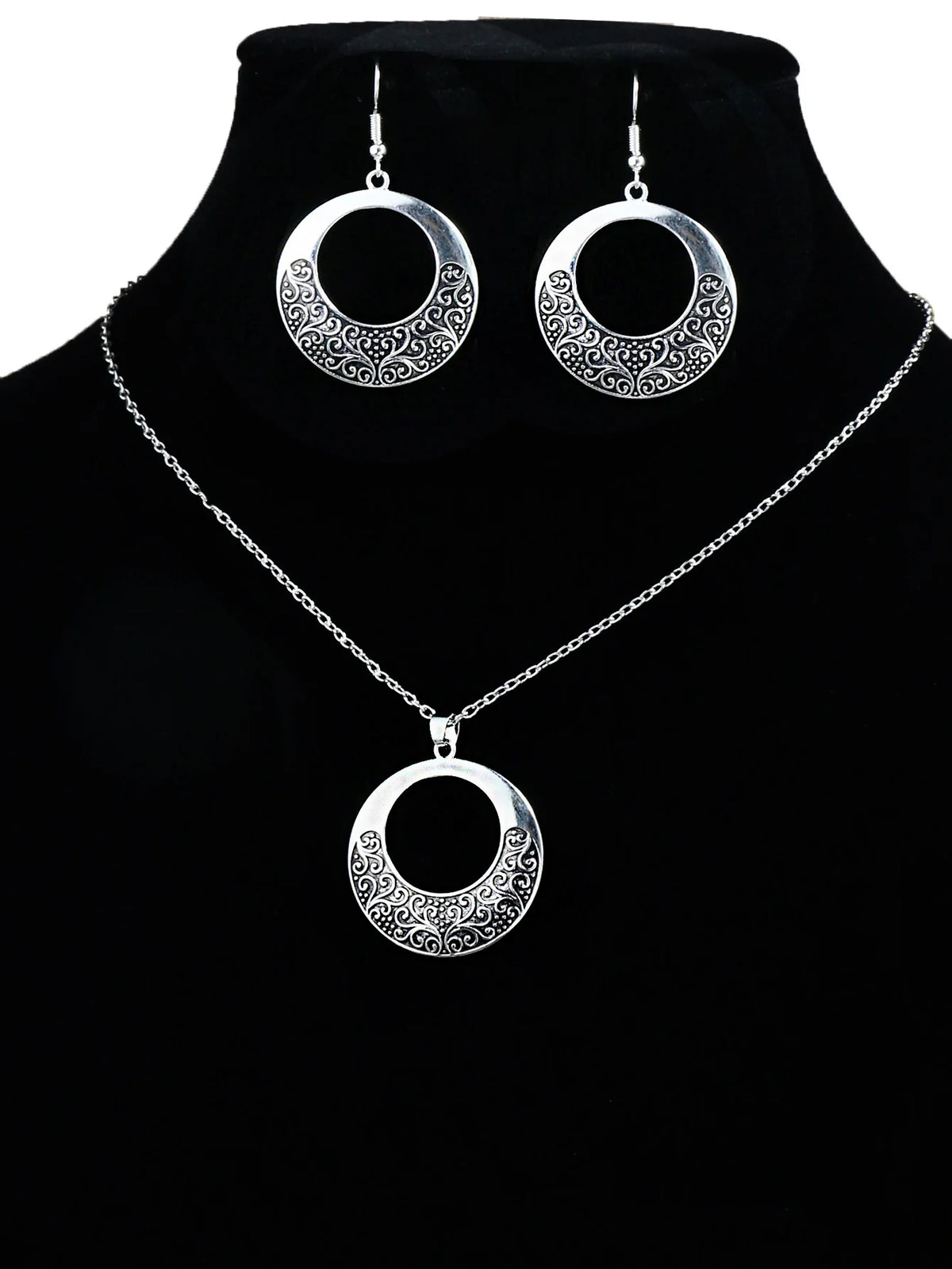Vintage Ethnic Style Silver Pendant Earrings Necklace Set Round Ring Simple Carved Women's Style Earrings Necklace Combination Pi-Mart