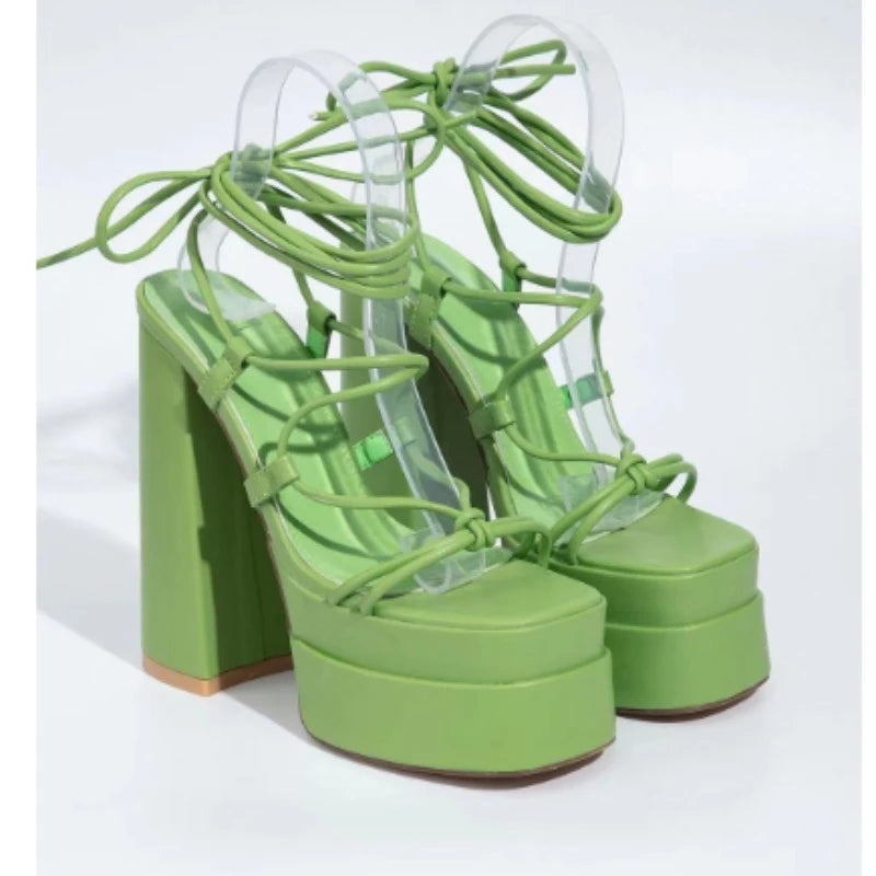 Women Sandals Brand New Sexy Chunky High Heels Pumps Platform Dress Shoes Party Wedding Shoes Cross Lace Up Female Sandals 2025 Pi-Mart