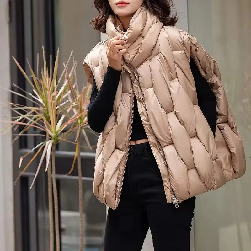 Women Thick Cotton Vest Women Square Weave High Collar Warm Waistcoat Casual  Warm Puffer Bubble Sleeveless Jacket LadyShow.Store