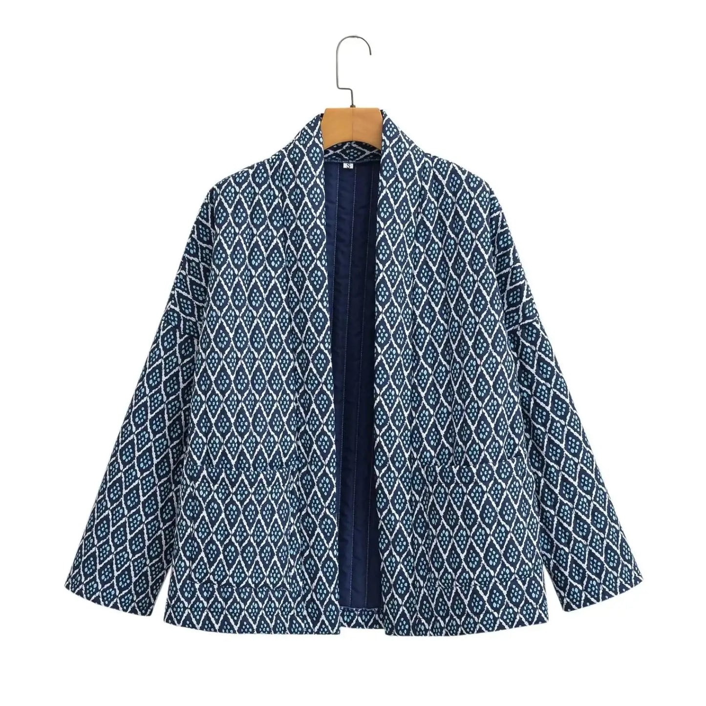 Autumn Winter Blue Geometric Plaid Print V Collar Quilted Coat Ethnic Women Long Sleeve Oversized Jackets Loose Outwear LadyShow.Store
