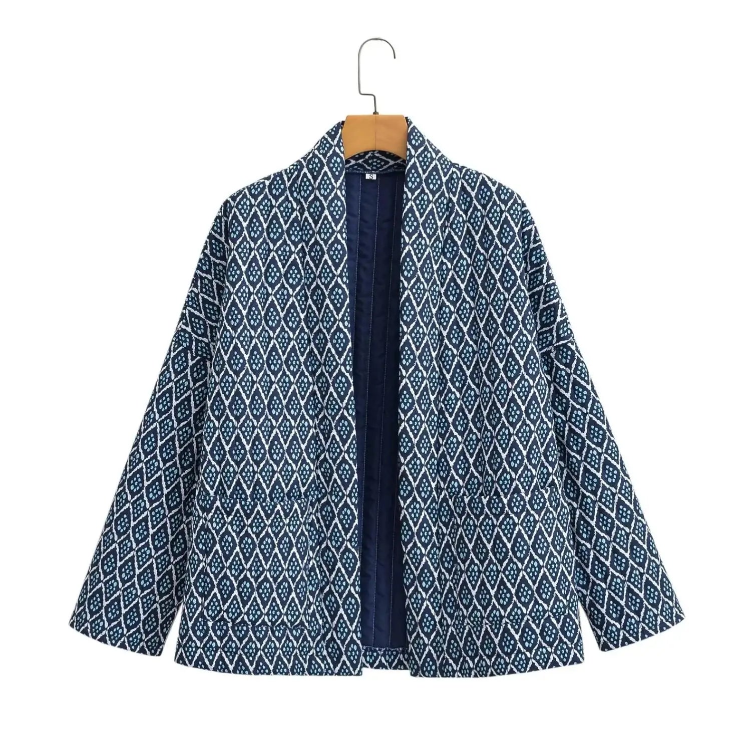 Autumn Winter Blue Geometric Plaid Print V Collar Quilted Coat Ethnic Women Long Sleeve Oversized Jackets Loose Outwear LadyShow.Store