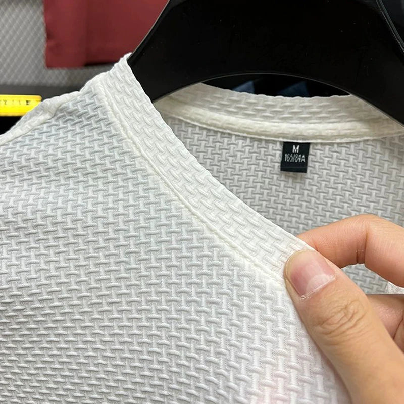 Men's Short Sleeve Mesh Bamboo Ice Silk T-shirt Casual Versatile Summer Elastic Slimming Top for Men Pi-Mart