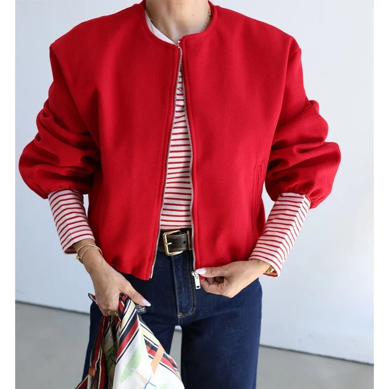 MUJER Red Zipper Bomber Jackets for Women Soft Cropped Jackets Woman 2025 Long Sleeve Woman's Sports Jacket New in Outerwears LadyShow.Store