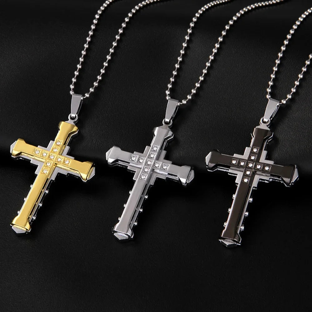 2024 New Male Crystal Cross Jesus Pendant Gold/Black/Blue Color Zirconia Cross Pendant Necklace Stainless Steel Jewelry Pi-Mart