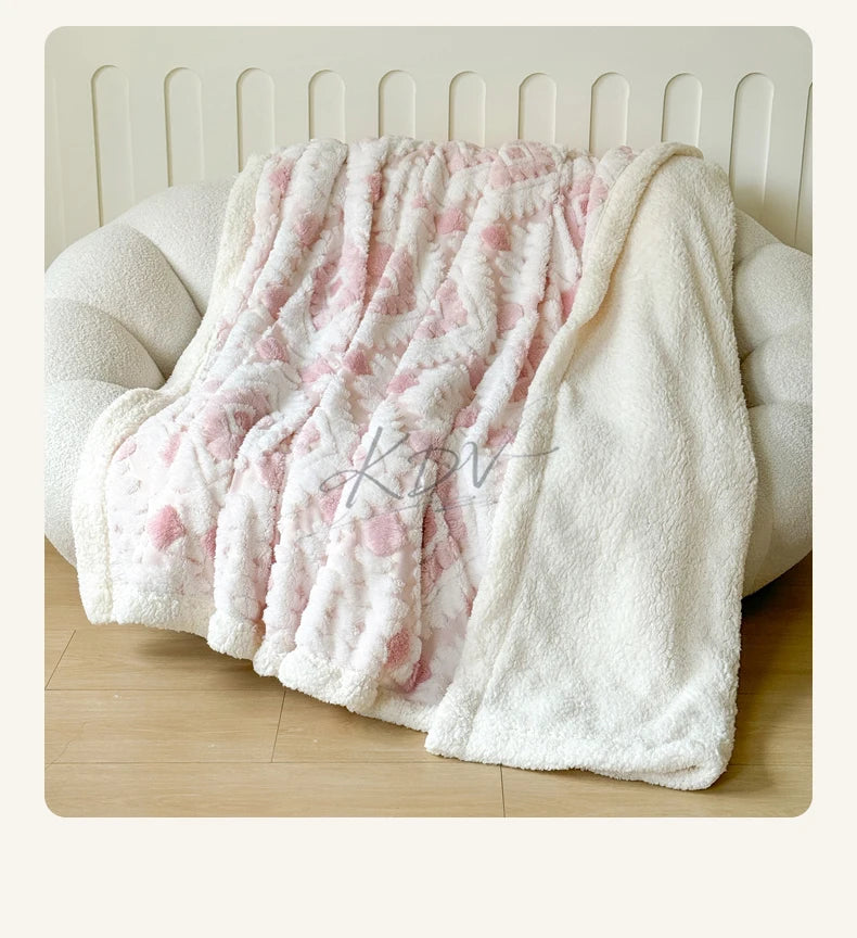 Geometric Patterned Jacquard Fleece Blanket Double Layer Thick Warm Taffeta Sofa Throw Blanket Spring Autumn Plush Bed Blanket Pi-Mart