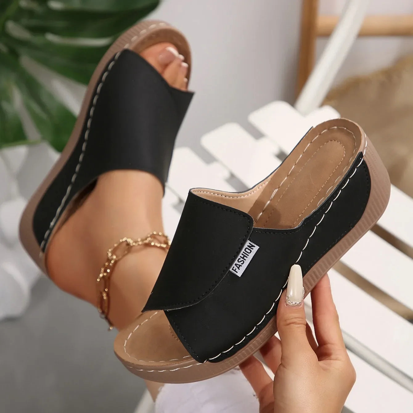 Women Wedge Slippers Summer 2025 New Fashion Slippers Open Toe Breathable Sandals Comfortable Buckle Woman Shoes Slides Women Pi-Mart