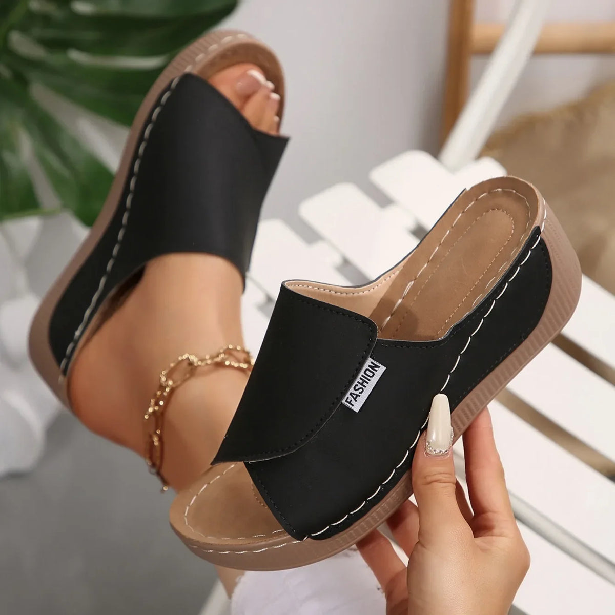 Women Wedge Slippers Summer 2025 New Fashion Slippers Open Toe Breathable Sandals Comfortable Buckle Woman Shoes Slides Women Pi-Mart
