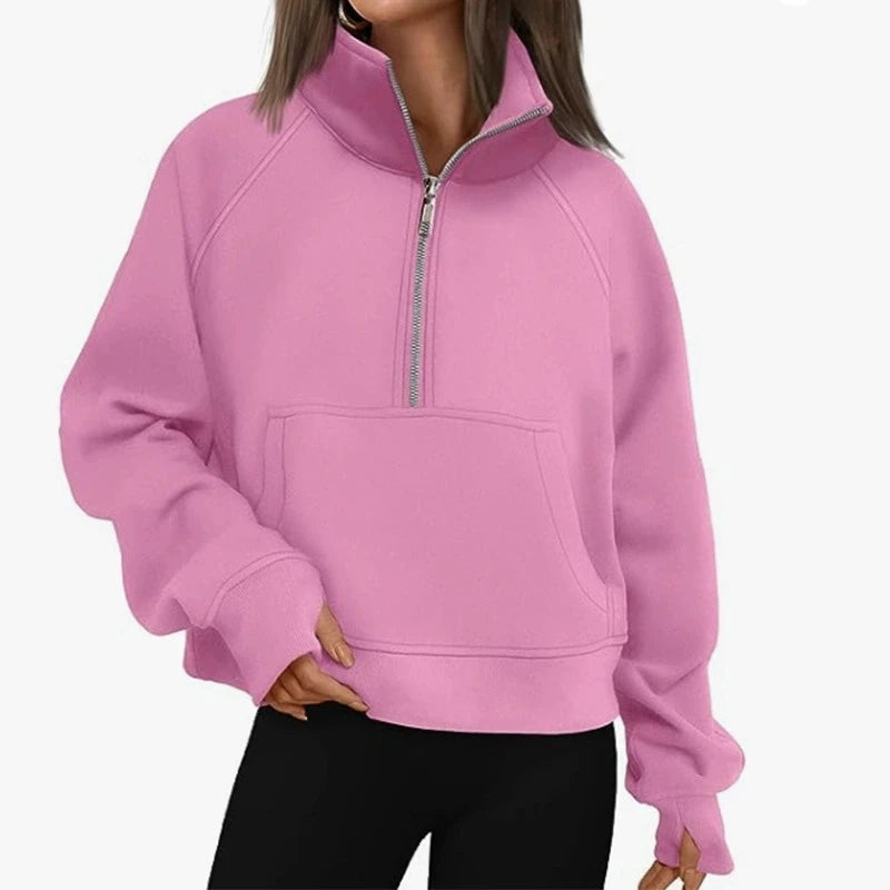 New Women's Spring Autumn Winter Stand Collar Plus Fleece Solid Color Hoodie Long Sleeve Pocket Loose Half Zip Pullover Hoodie Pi-Mart