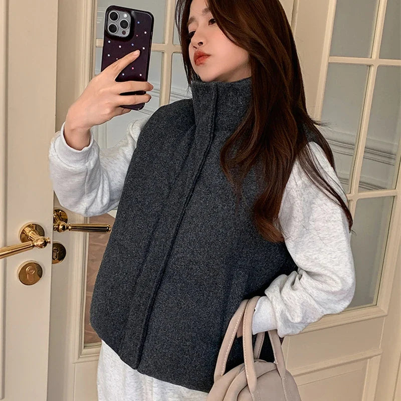 Short Down cotton Vest Women's 2025 Korean Fashion New Stand-up Sleeveless Zipper Student Vest Jacket Black Gray Waistcoat Tide LadyShow.Store