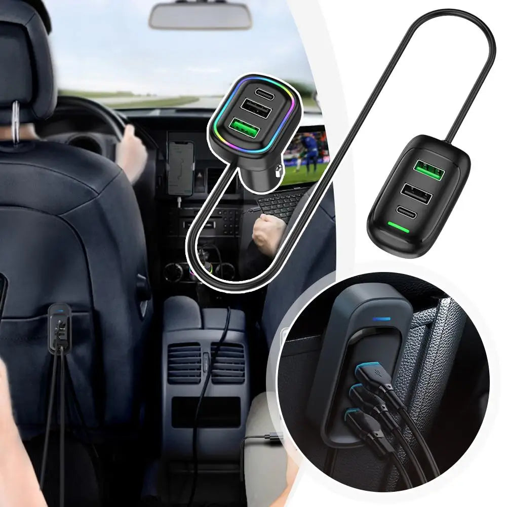 6-Ports USB Type-C Front And Rear Extension Car Charger With RGB Light PD Fast Charging Power Adapter For Iphone Tablet Pi-Mart