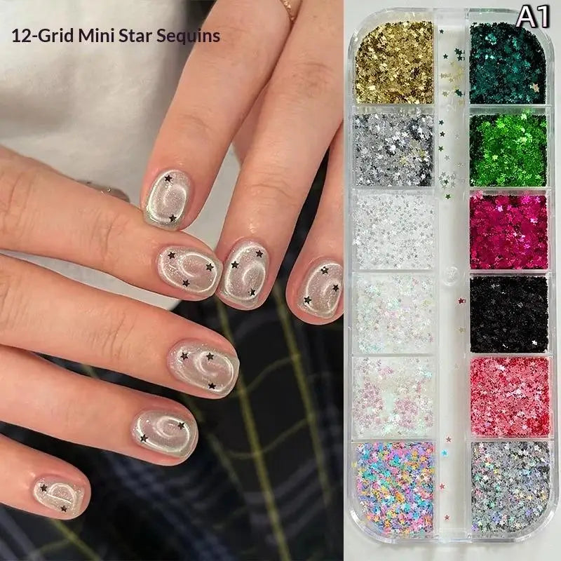 *12 Grids Mixed Mini Circular Colorful Nail Glitter Wave Point Sequin Sparkling Flower DIY Nail Decoration Nail Charms Pi-Mart