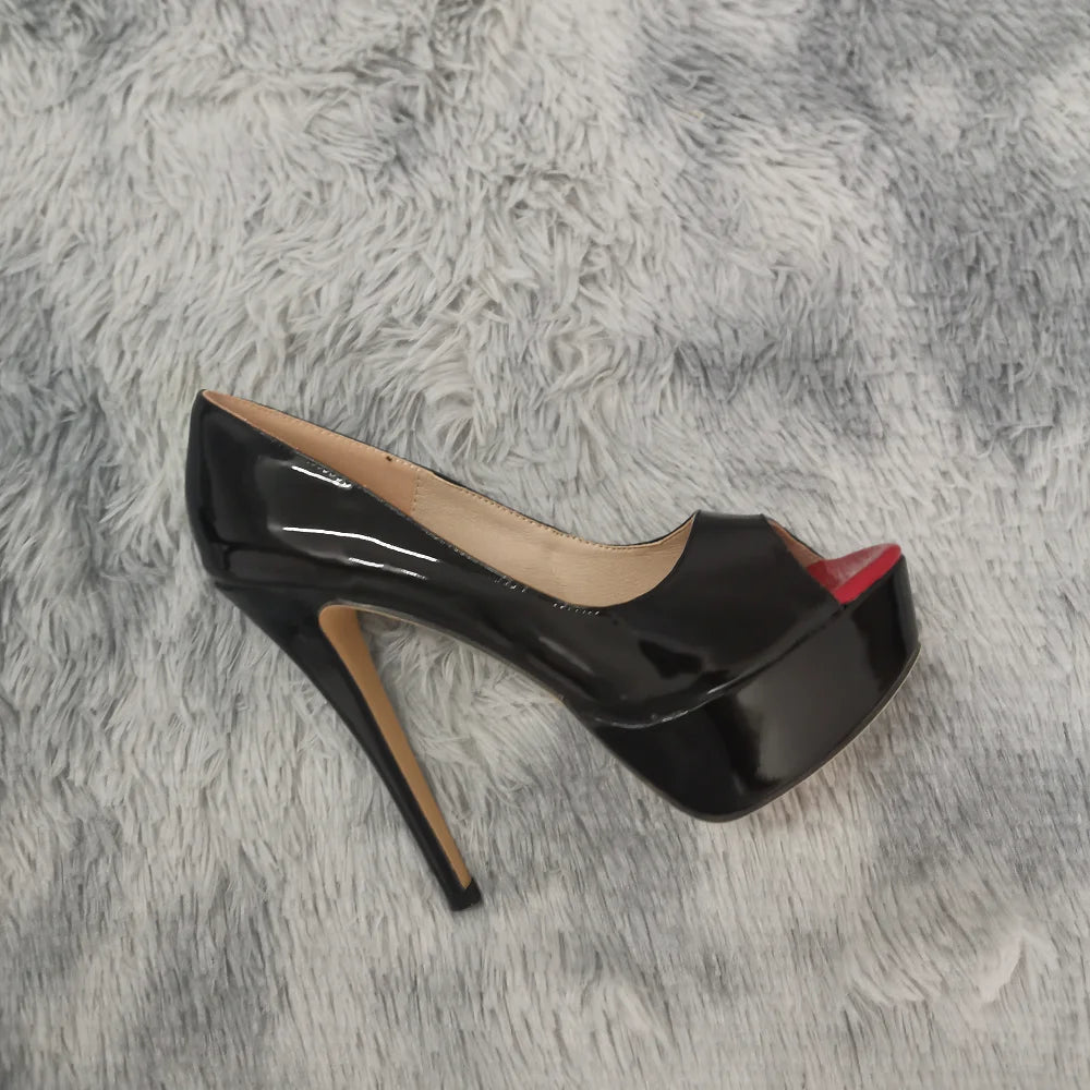 Women Pumps Sexy Platform Peep Toe 14cm Extremely Thin High Heels Stiletto Patent Leather Fashion Party Nighclub Wedding Shoes Pi-Mart