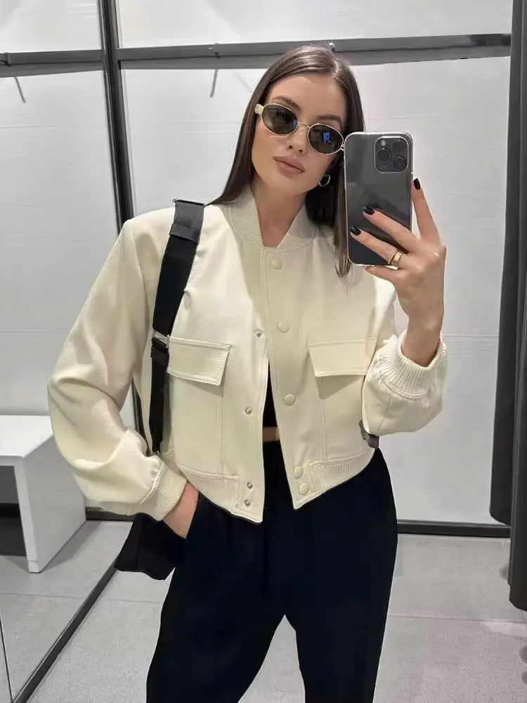 Women Fashion With Pockets Bomber Jacket Coats Vintage Long Sleeve Front Button Casual Female Outerwear Chic Tops LadyShow.Store