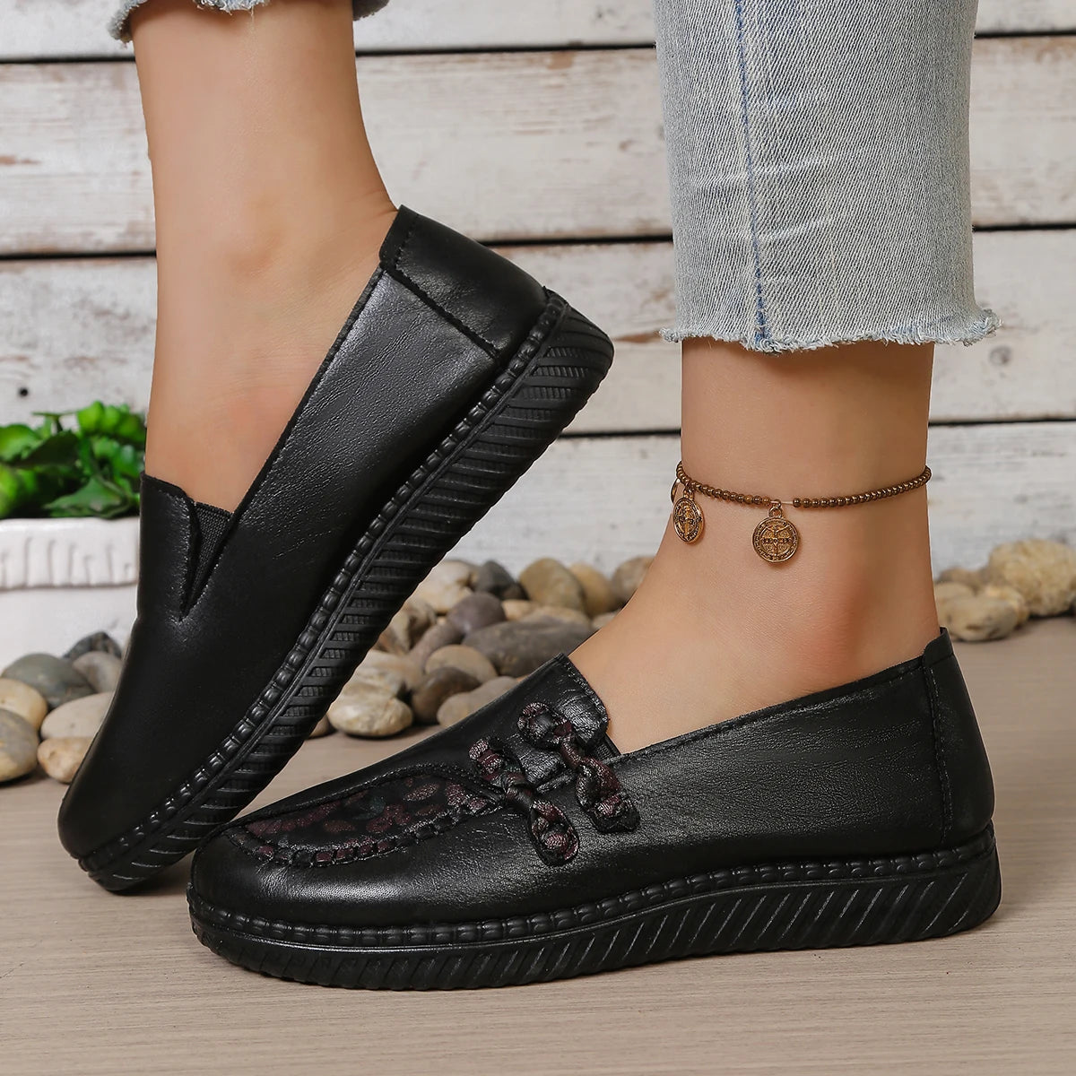 Women's Spring Autumn Leather Loafers Floral Embossed Slip‑On Flats Anti‑Slip Comfort Casual Mom Daily Walking Free Shipping Pi-Mart