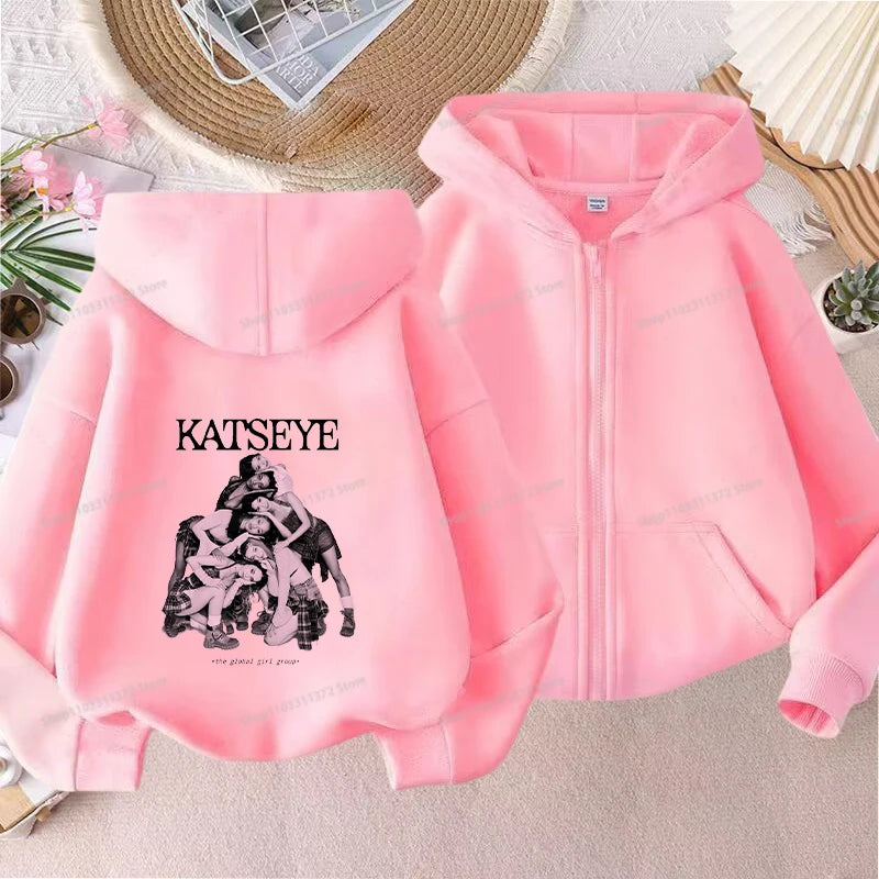 Fashion K POP K-KATSEYE Thin Jacket Cute Printed Coat Girls Sports Clothe Outdoor Workout Casual Top Trendy Birthday Kids Gifts Pi-Mart