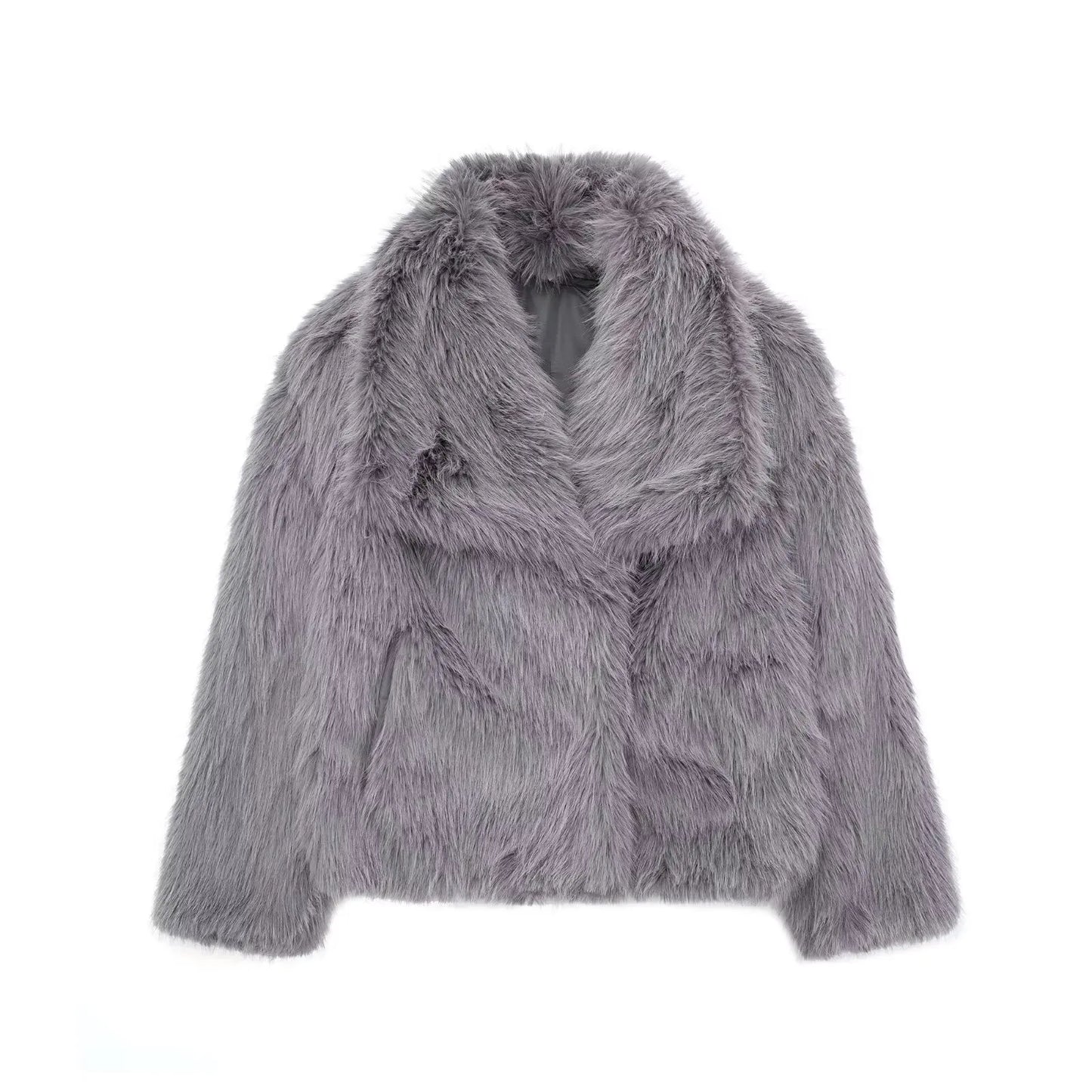 HH Women Fashion Cropped Faux Fur Jacket Coat Long Sleeve Front Snap-button Female Outerwear Chic Lapel Collar Thick Coat LadyShow.Store