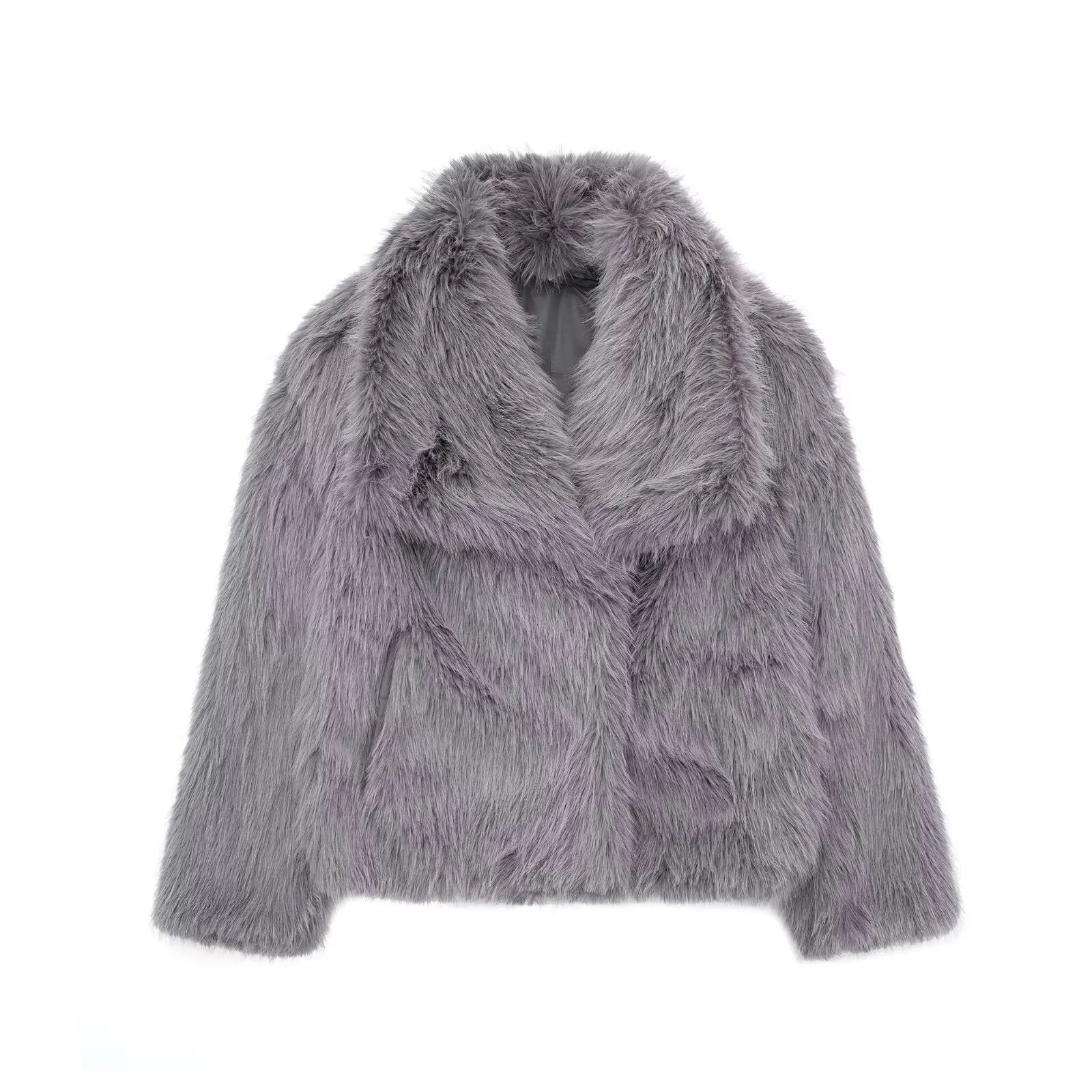 HH Women Fashion Cropped Faux Fur Jacket Coat Long Sleeve Front Snap-button Female Outerwear Chic Lapel Collar Thick Coat LadyShow.Store