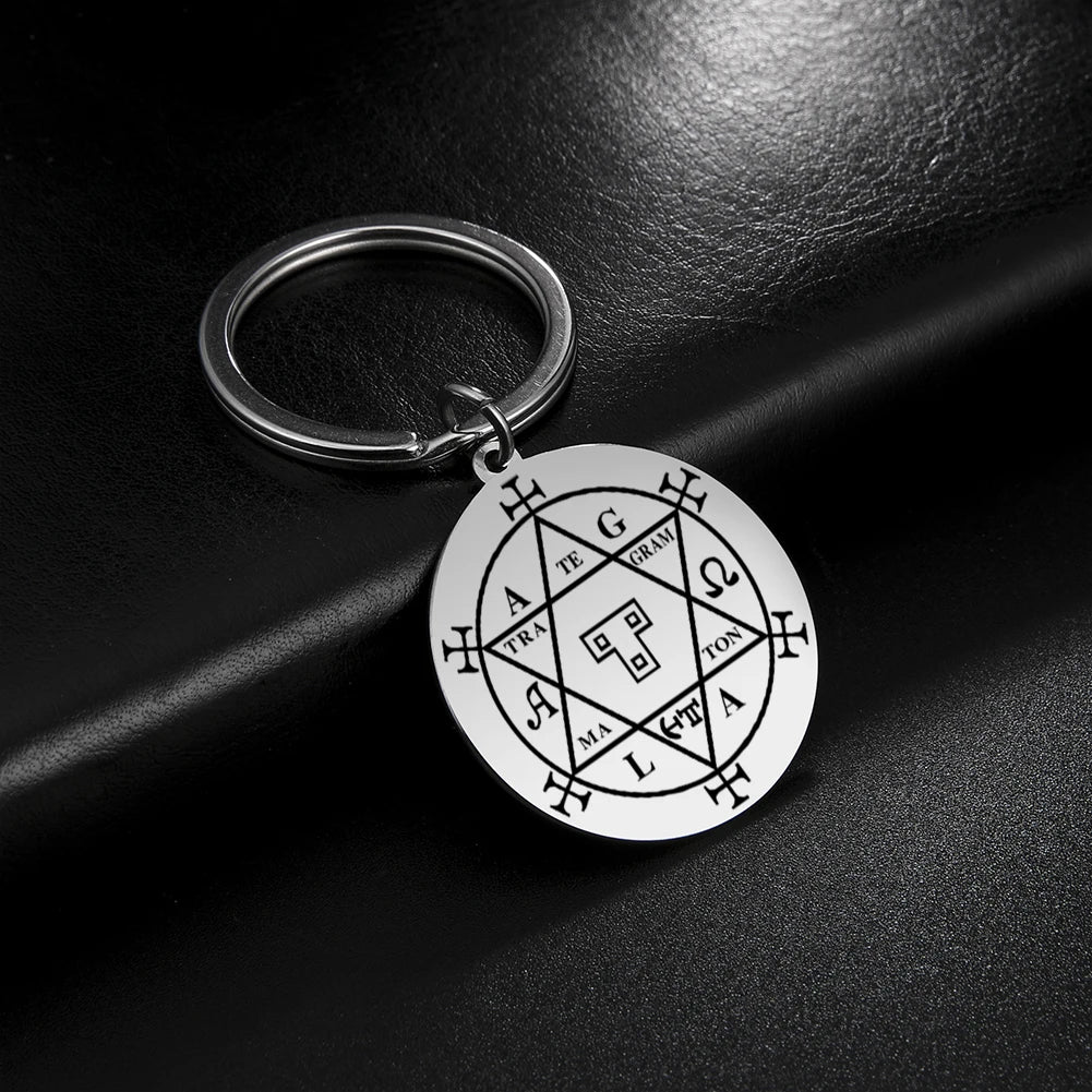 Dawapara Protection Secret Seal of Solomon Pendant Keychain Witchcraft Hexagram Wealth Fortune Amulet Stainless Steel Jewelry Pi-Mart