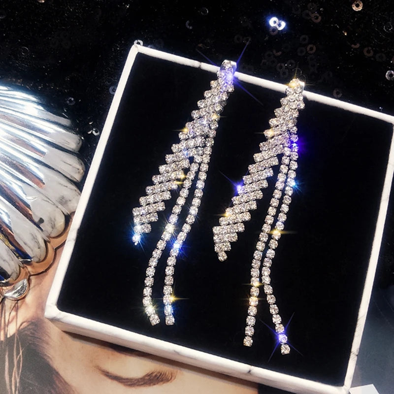 Shiny Crystal Zircon Long Stud Earrings for Women Geometric Hanging Drop Tassel Earring Fashion Party Vintage Pendant Jewelry Pi-Mart