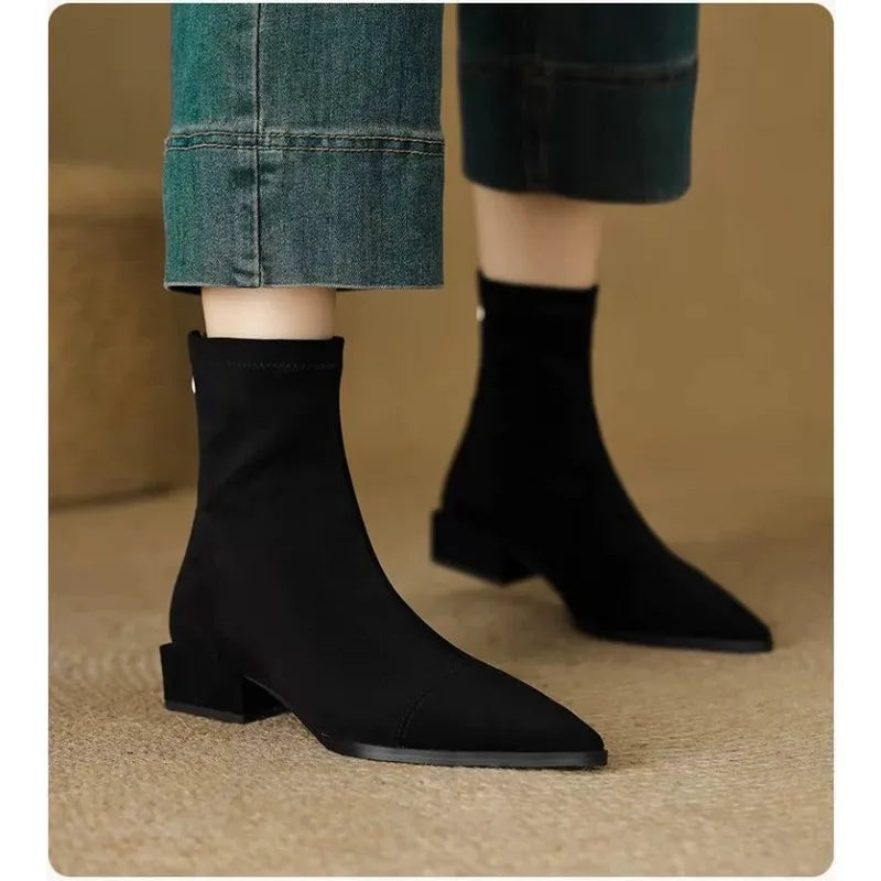 Plus-size women's boots 2025 winter fashion pointed-toe design short boots with zippers on the back, slim low-heeled nude boots LadyShow.Store