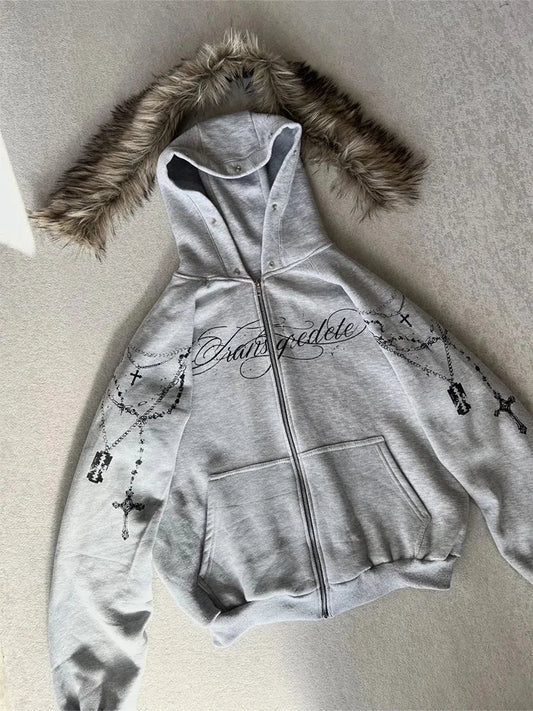 Winter Fashion Streetwear Women's Gothic Punk Faux Fur Hooded Jacket With Cross Print Trendy Edgy Zip - Up Sweatshirt 2026 New LadyShow.Store