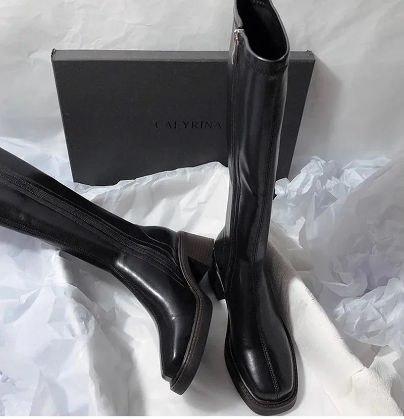 Vintage Thick Heel Women Knee High Boots Fashion Side Zippers Shoes Autumn Winter Ladies Concise Long Botas De Mujer Pi-Mart
