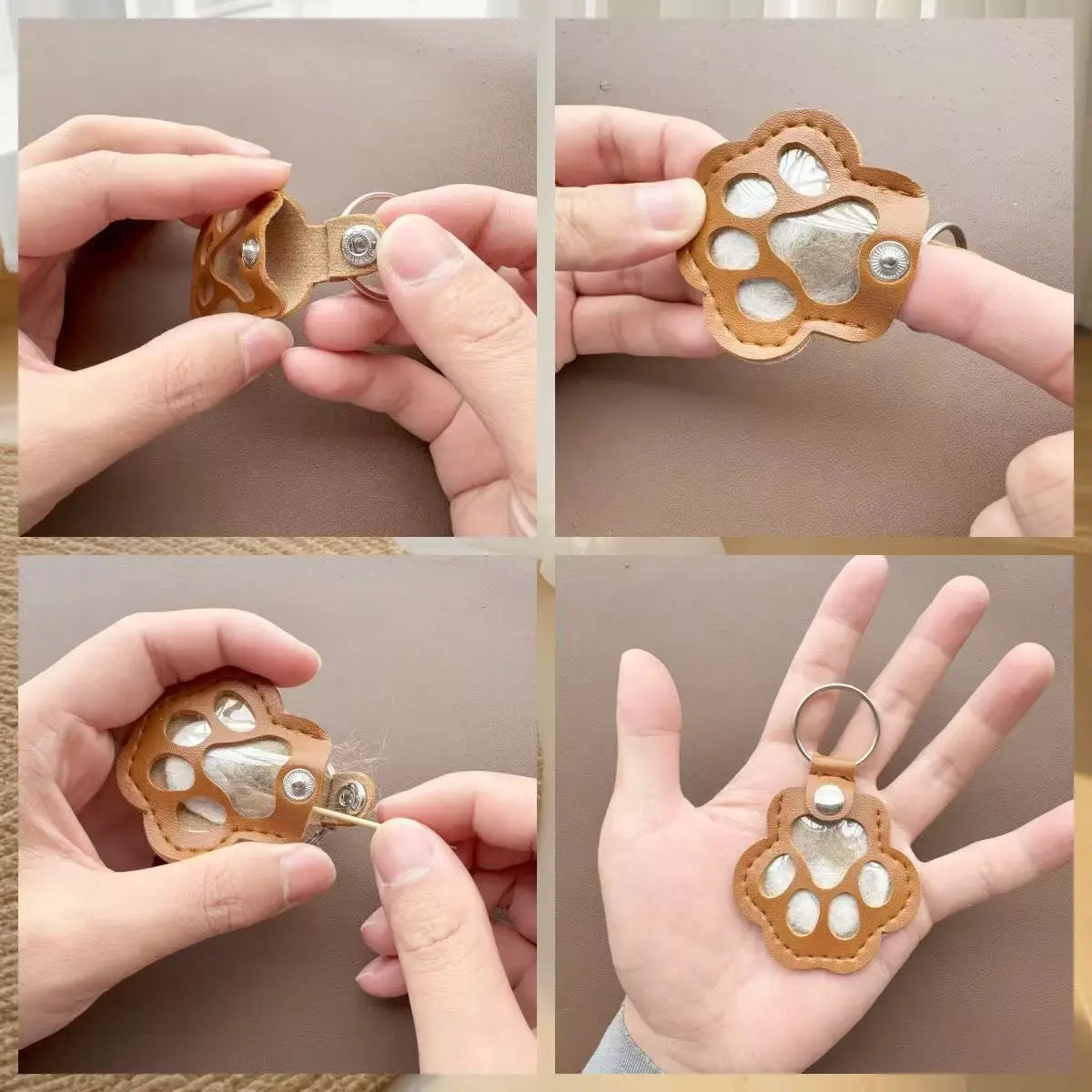 Cute Paw Print Pet Hair Memorial Keychain Leather Dog Cat Fur Holder Keepsake Key Ring Personalized Pet Loss Memory Key Chains G Pi-Mart