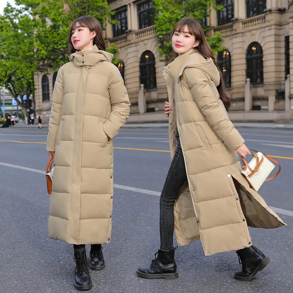 2024 Oversized Coat Hooded Long Sleeve Pockets Side Slit Hem Down Jacket Pockets Thickened Long Warm Down Cotton Outwear LadyShow.Store