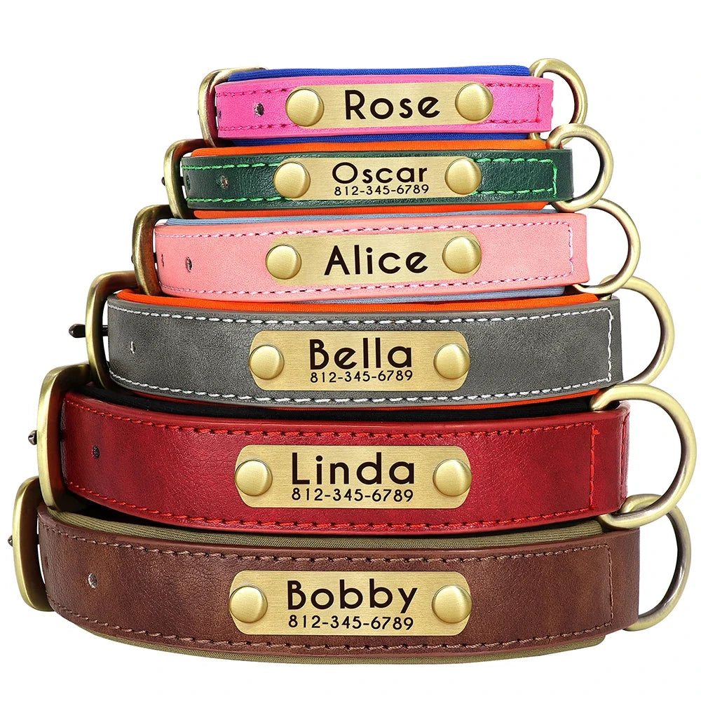 Customized PU Leather Nameplate Dog Collar Soft Padded Dogs Collars Free Engraving Name for Small Medium Large Dogs Adjustable LadyShow.Store