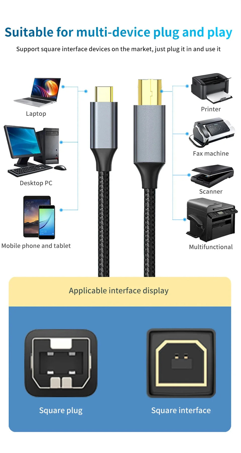 USB C to USB B 2.0 Printer Cable Electronic Organ Cable Type C USB B for Computer Laptop Phone to Fax Machine Scanner Universal Pi-Mart