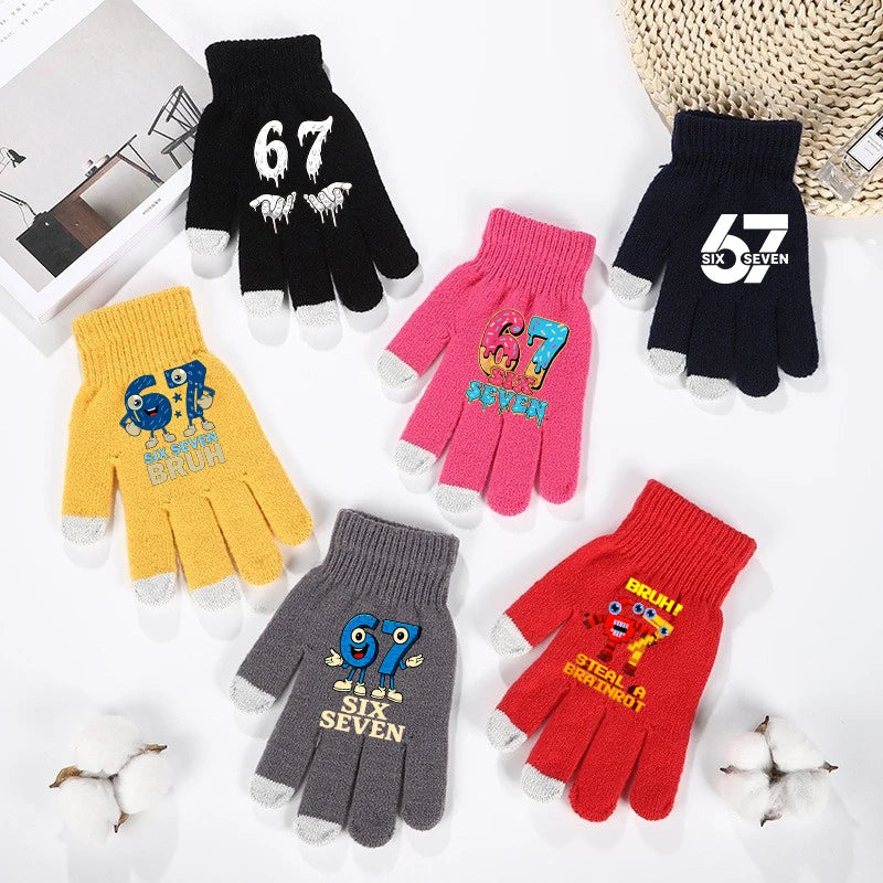Funny 67 Six Seven Winter Gloves Touch Screen Gloves Fnafs Warm Stretch Knit Mittens Imitation Wool Full Finger Crochet Thicken Pi-Mart