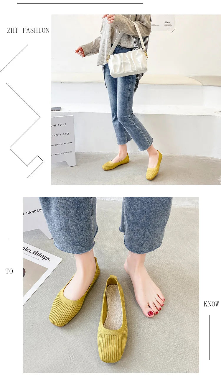 Women Leisure Flats Summer Autumn Flat Shoes Breathable Knitted Square Toe Slip-on Female Daily Walking Driving Loafers Pi-Mart