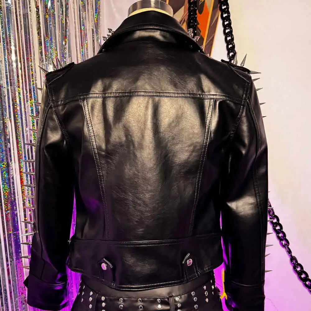 Y2K PU Leather Jacket Chain Skull Cross Punk Rock Street Wear Trendy Gothic Goth Cyber Harajuku Glitch Core Club Wear E-Girls Pi-Mart