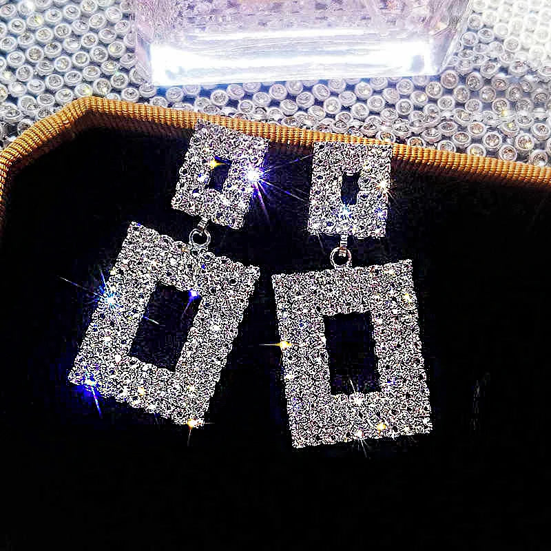 Shiny Crystal Zircon Long Stud Earrings for Women Geometric Hanging Drop Tassel Earring Fashion Party Vintage Pendant Jewelry Pi-Mart