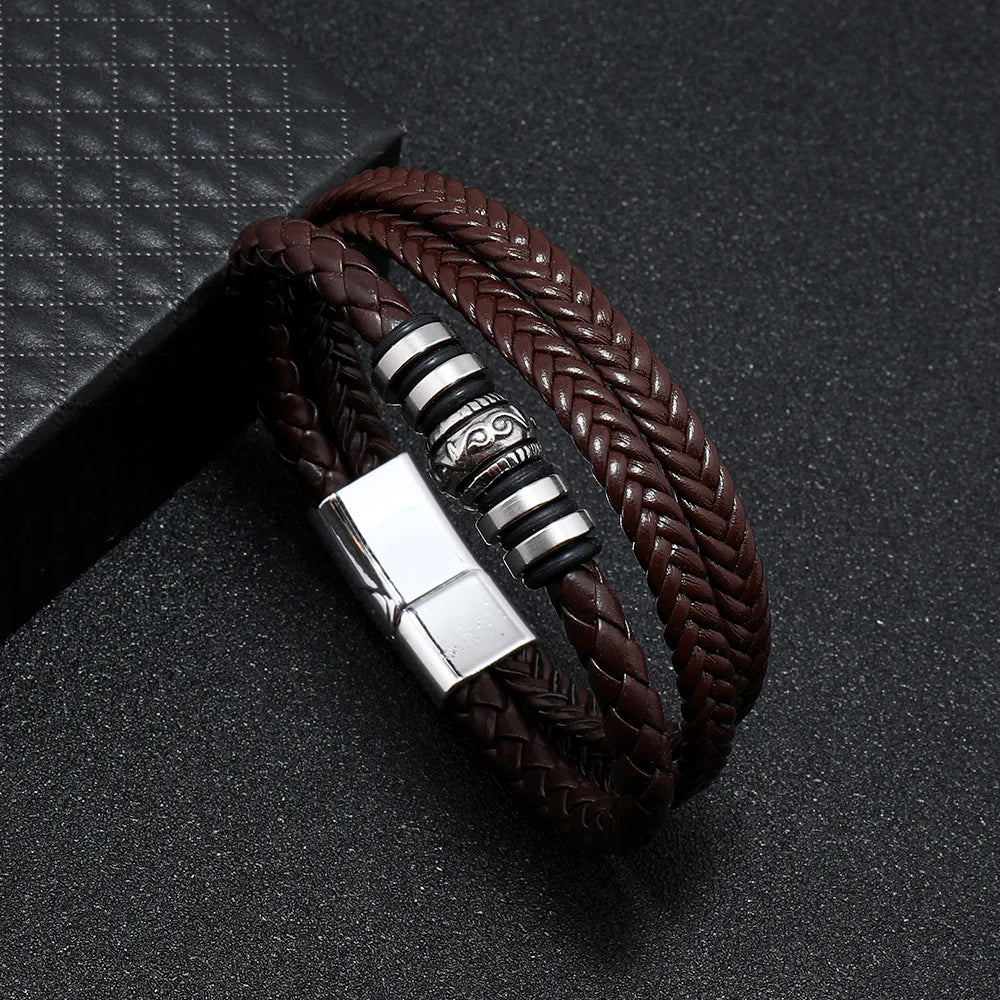 Trendy Leather Bracelets For Men Stainless Steel Bracelet 21CM Multilayer Braided Rope Bracelets for Male Jewelry Gifts Pi-Mart