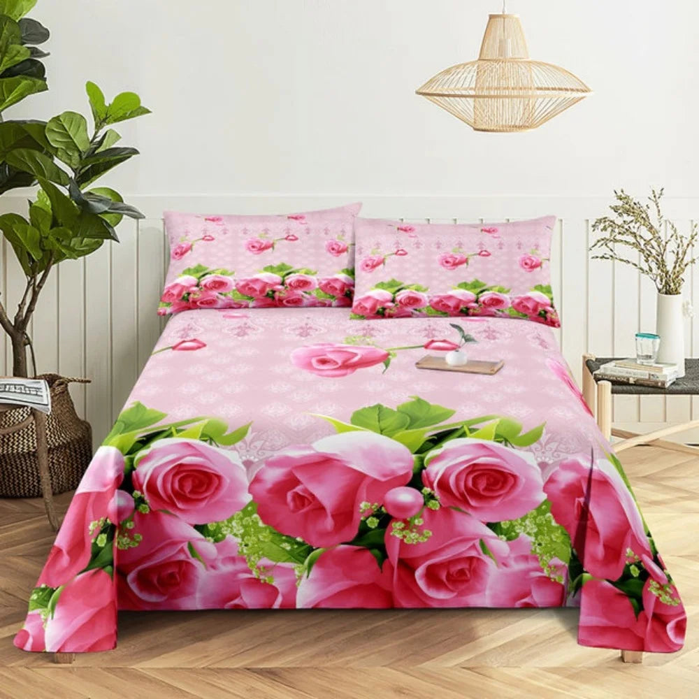 Pink Rose Bed Sheet Sets 3D Print Flowers Bed Flat Sheet for Women Girls King Queen Full Twin Size 2/3pcs Bed Linen Room Decor LadyShow.Store