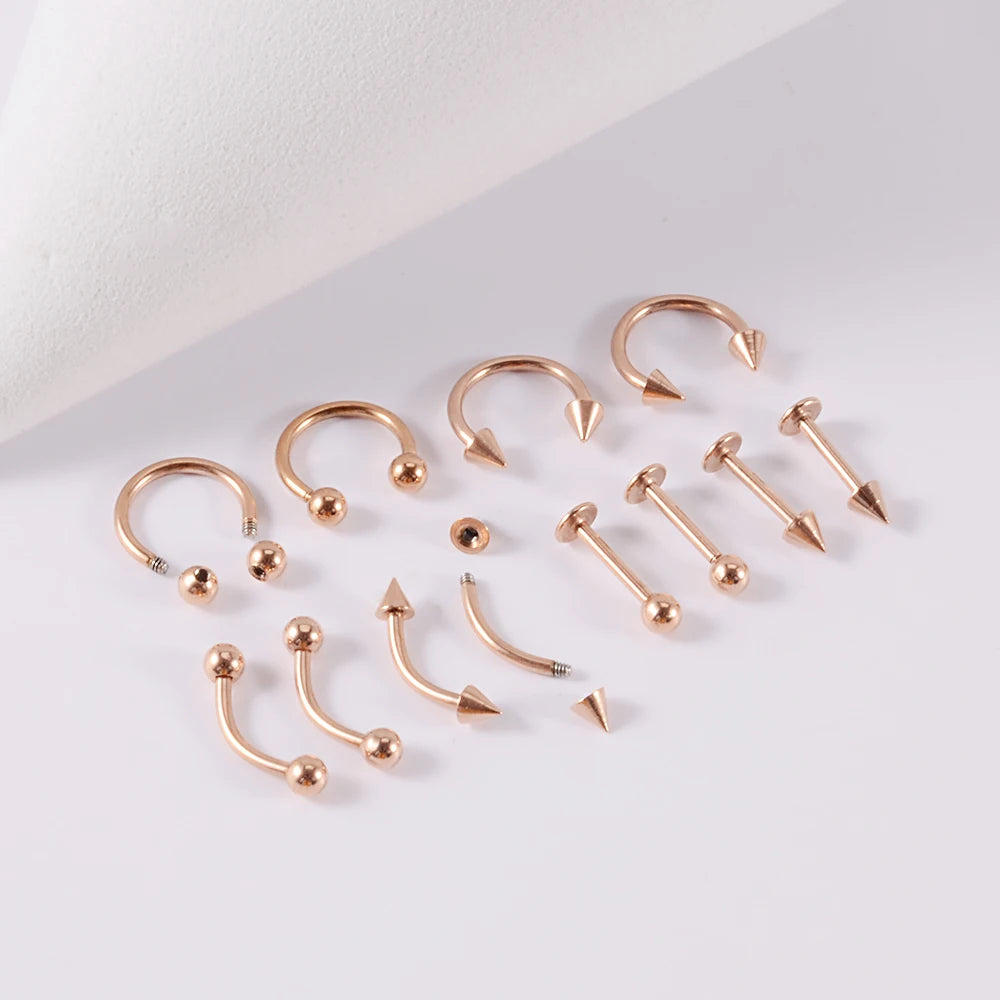 12pcs/Set Surgical Steel Silver Color Gold Plated Black Rainbow Ear Nose Eyebrow Labret Basic Piercing Jewelry Set 8mm Pi-Mart