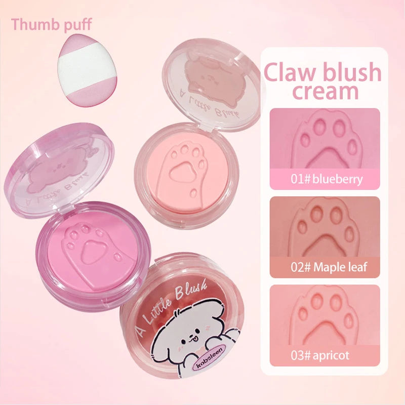 Cat Paw Cream Blush With Thumb Powder Puff Natural Matte Brighten Purple Apricot Rubores Cute Blusher Rouge Korean Dupes Makeup Pi-Mart