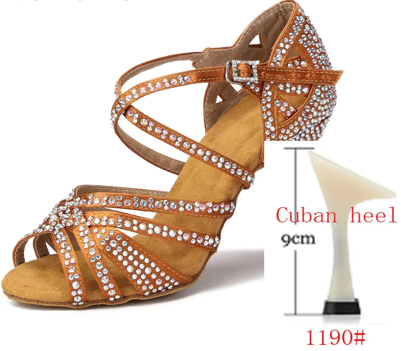 WUXIJIAO Women Party Dance Shoes Satin Shining rhinestones Soft Bottom Latin Dance Shoes Woman Salsa Dance Shoes heel LadyShow.Store