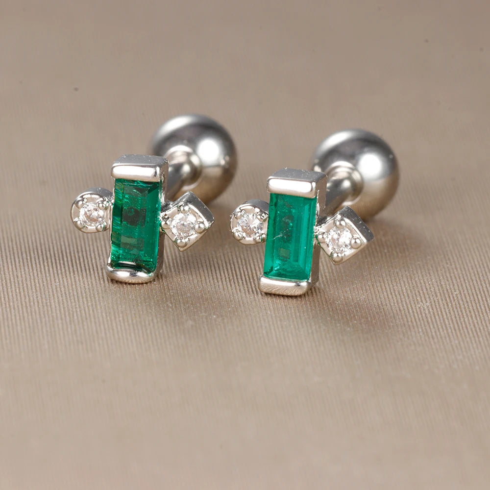 2PC Stainless Steel Little Stud Earring for Women Tiny Green Crystal Zirconia Cartilage Helix Tragus Piercing Earrings Jewelry Pi-Mart