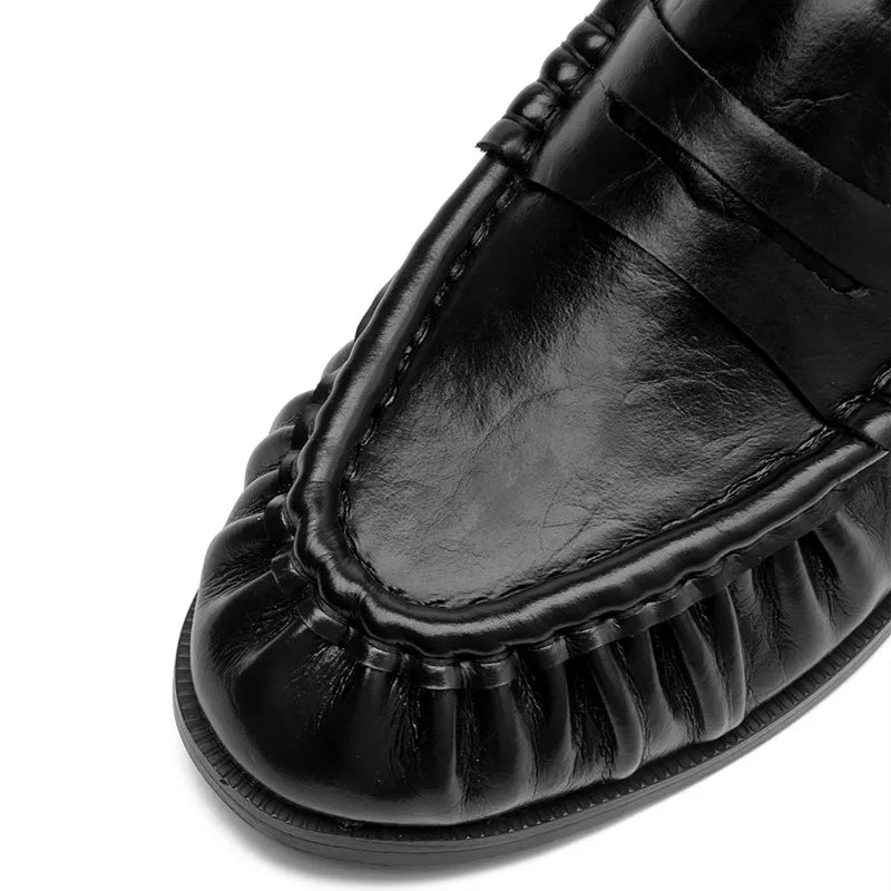 Lady Loafers 2026 Model Handcrafted Retro Pleated Single Shoes for Women, Women's Low-Heeled Leather Suede Shoes Pi-Mart