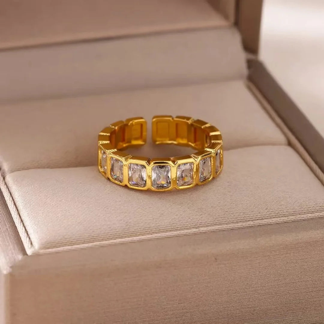 White Square Zirconia Splicing Open Ring, Women's Simple Adjustable New Wedding Aesthetic Jewelry Ring. Pi-Mart