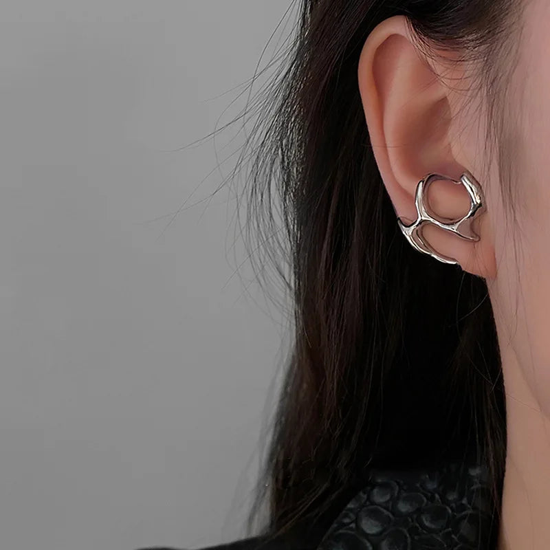 Y2K Irregular Liquid Earrings for Women Silver Color Hip-Hop Punk Fashion Geometric Earring Clip Girl 2024 Trendy Party Jewelry Pi-Mart